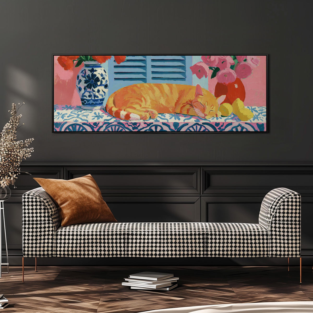 Orange cat napping on a tiled table wide panoramic canvas print above a bench in a dark living room