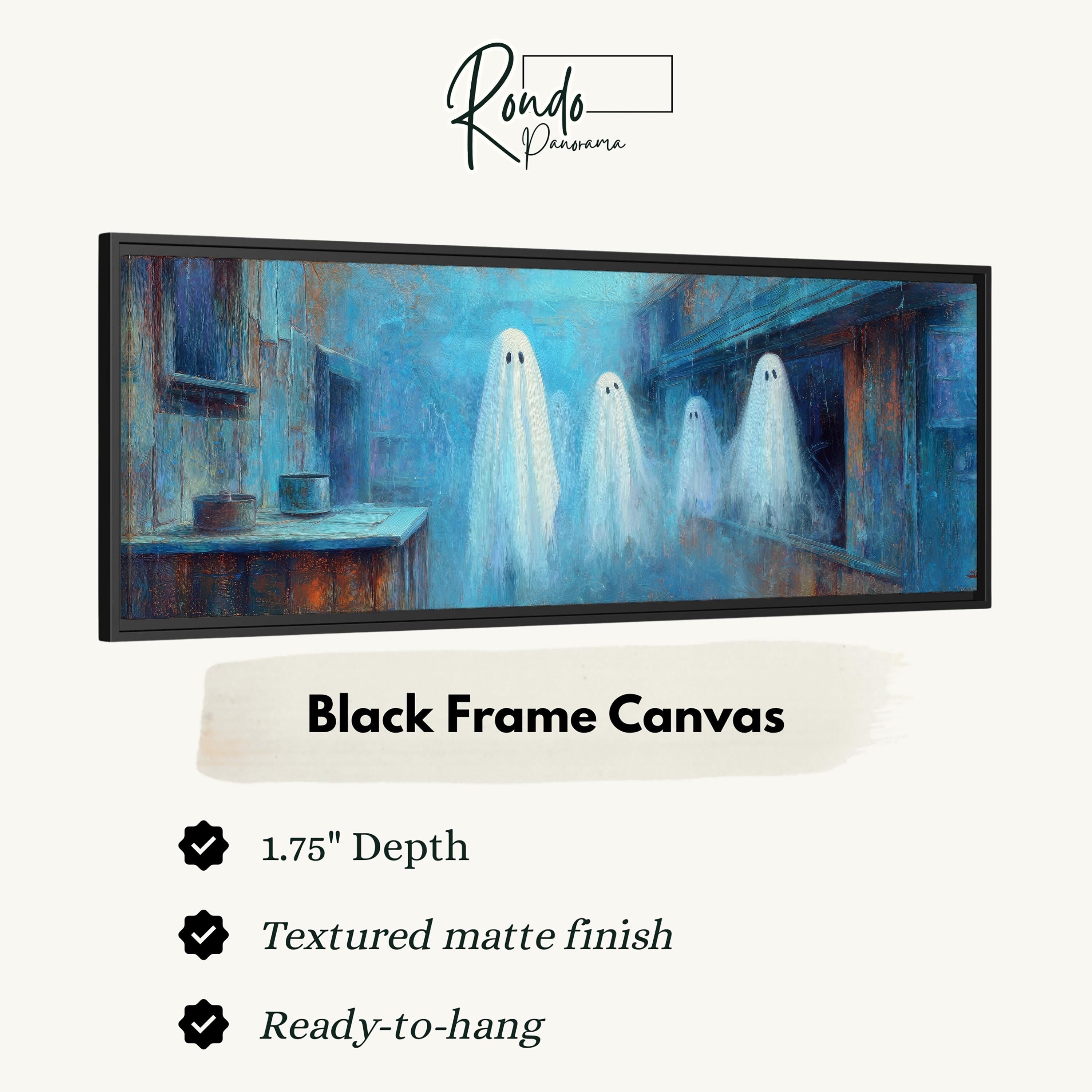 The image is a black frame canvas depicting a spooky scene with four ghostly figures in a hallway.