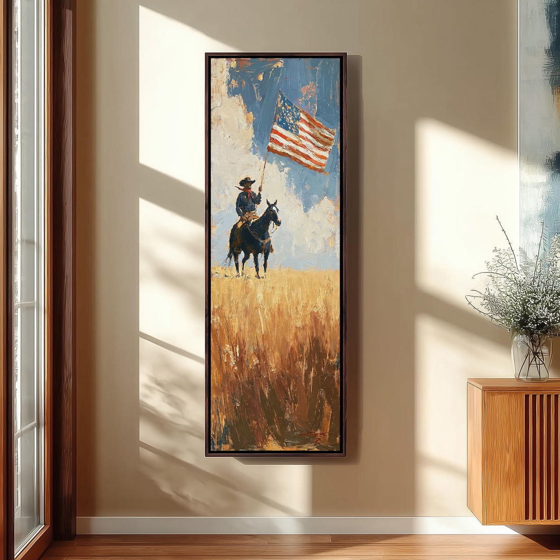 Cowboy on horseback carrying an American flag long vertical canvas print in a sunlit living space