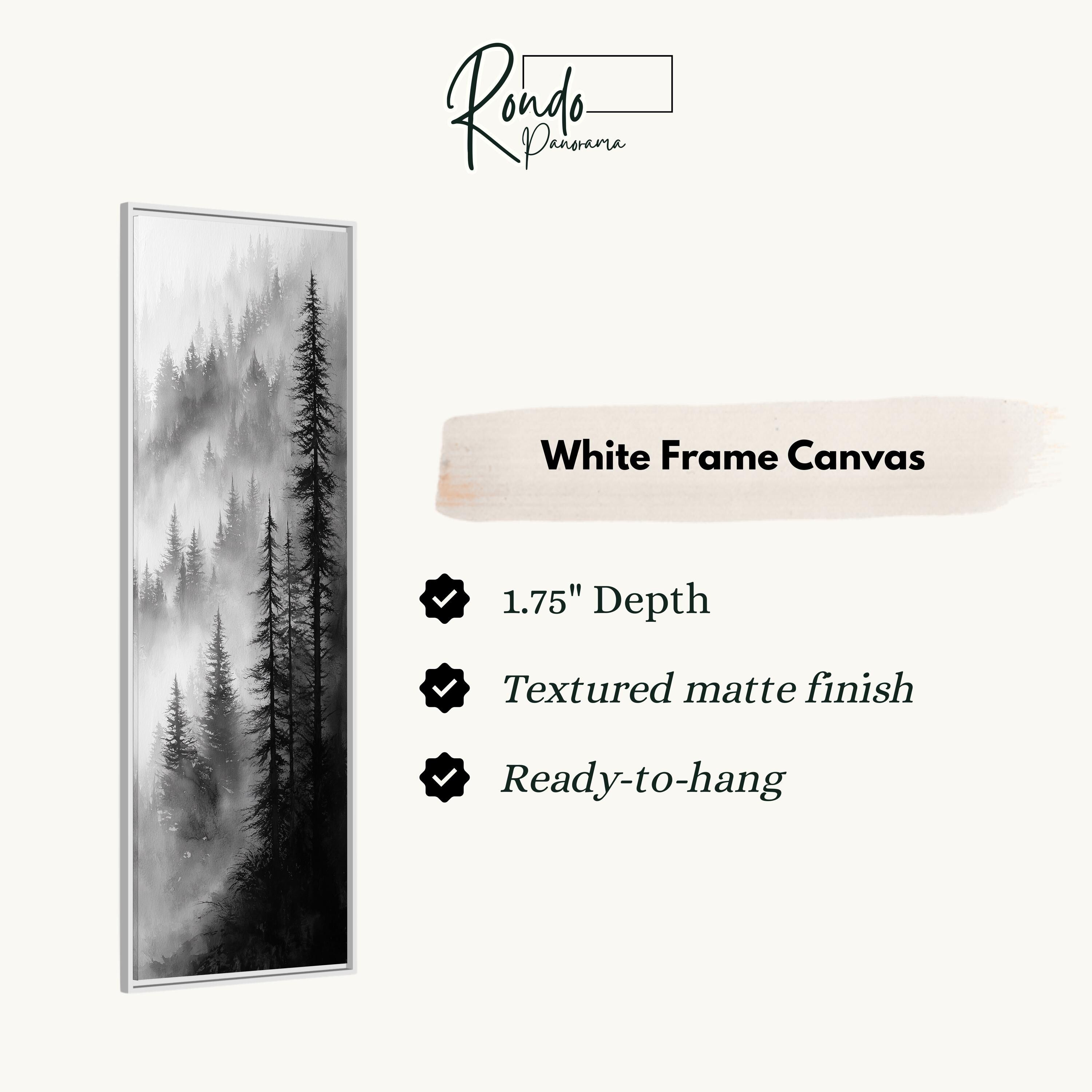 The image is a white frame canvas depicting a forest scene with tall trees and misty mountains in the background.