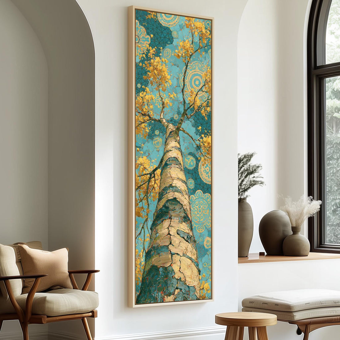 Golden birch tree rising into a mandala sky long vertical canvas print in a sunlit living space