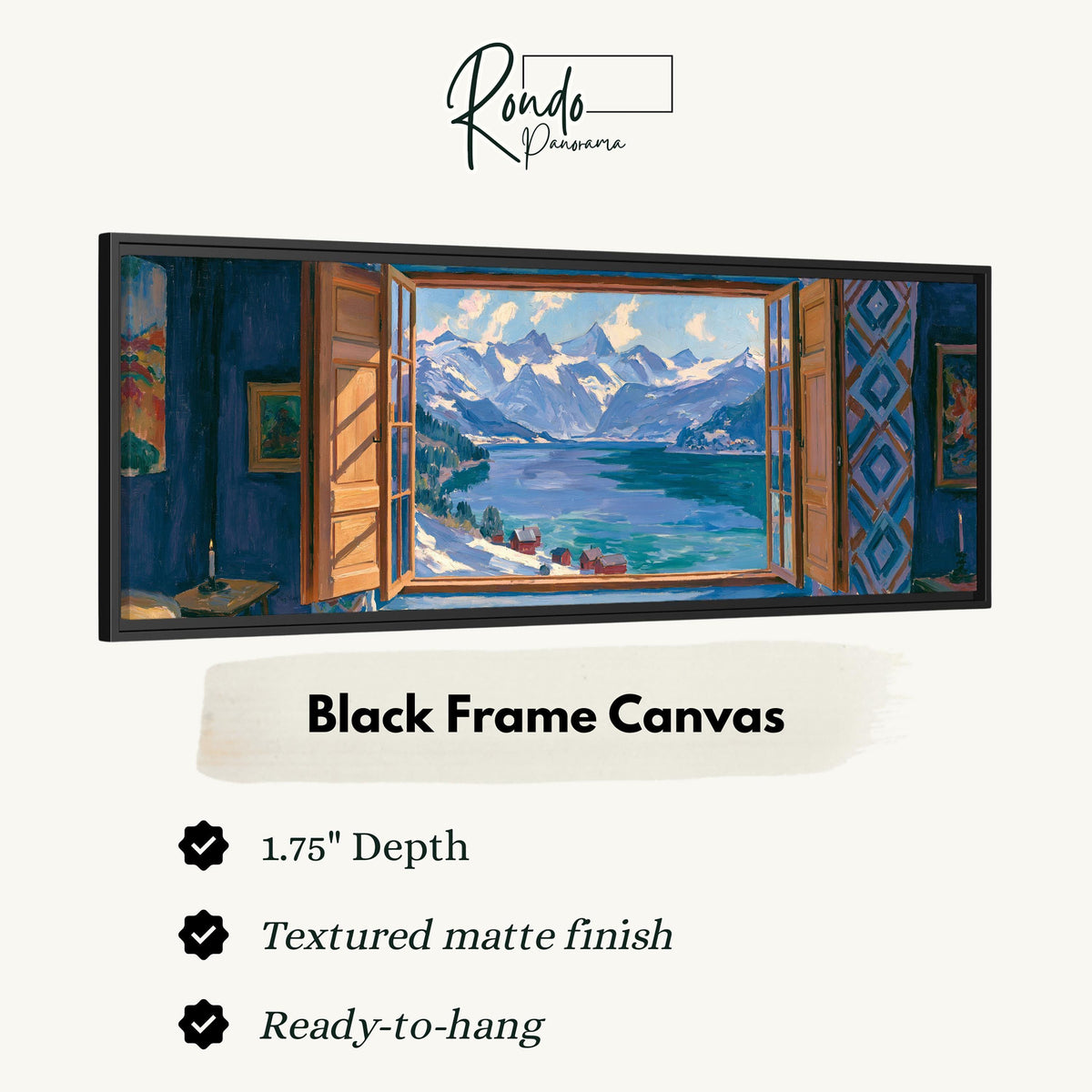 Snowy alpine lake seen through a window canvas print in a black floating frame