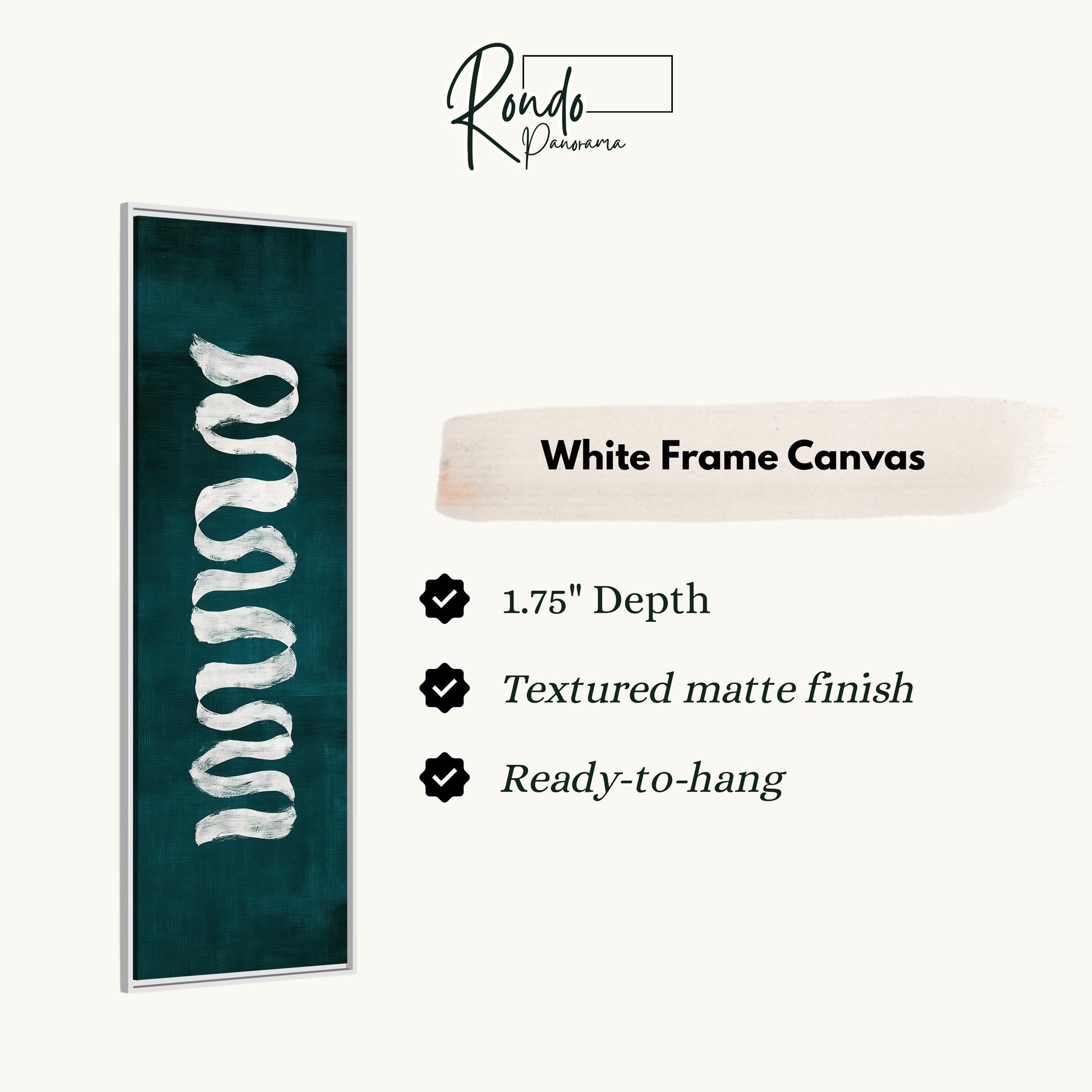 The image is a product description for a white frame canvas. It features a teal-colored vertical stripe with a white design, and provides details about the product, including its dimensions, finish, and hanging capabilities.