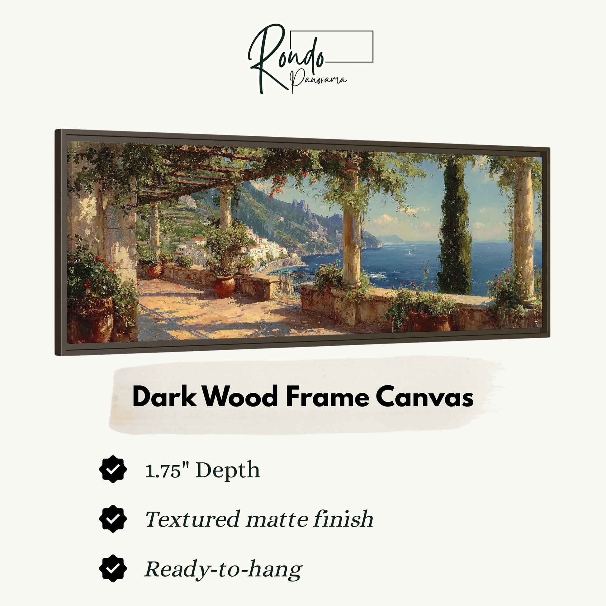 The image is a framed painting depicting a scenic coastal landscape with a covered walkway, potted plants, and a view of the ocean.