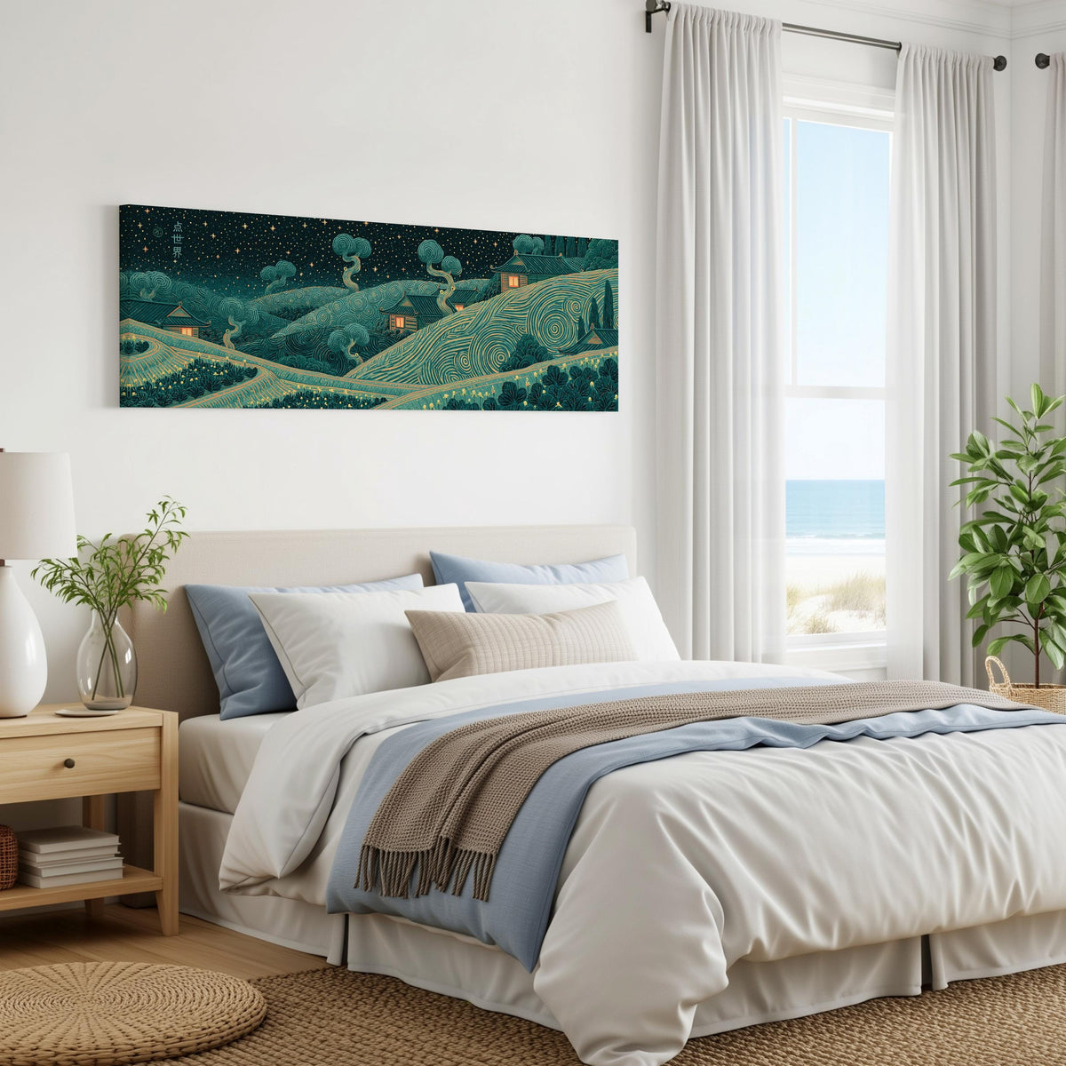 Village on swirling hills at night panoramic canvas print above a bed in a coastal bedroom
