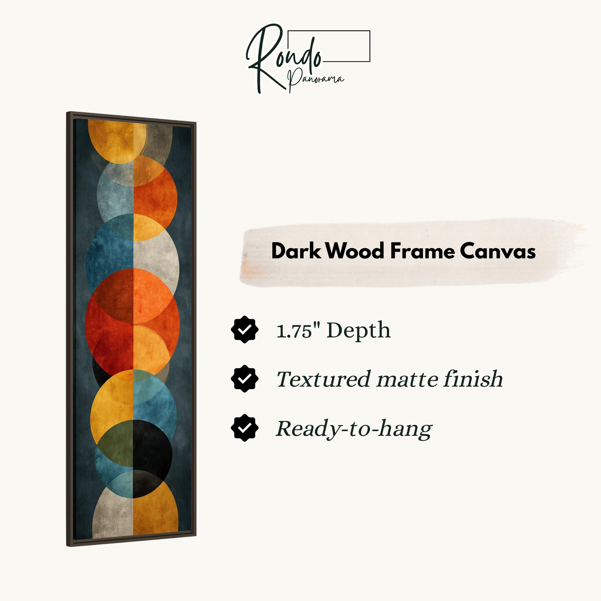 The image is a dark wood frame canvas with a geometric design of circles in various colors, including blue, orange, and yellow.