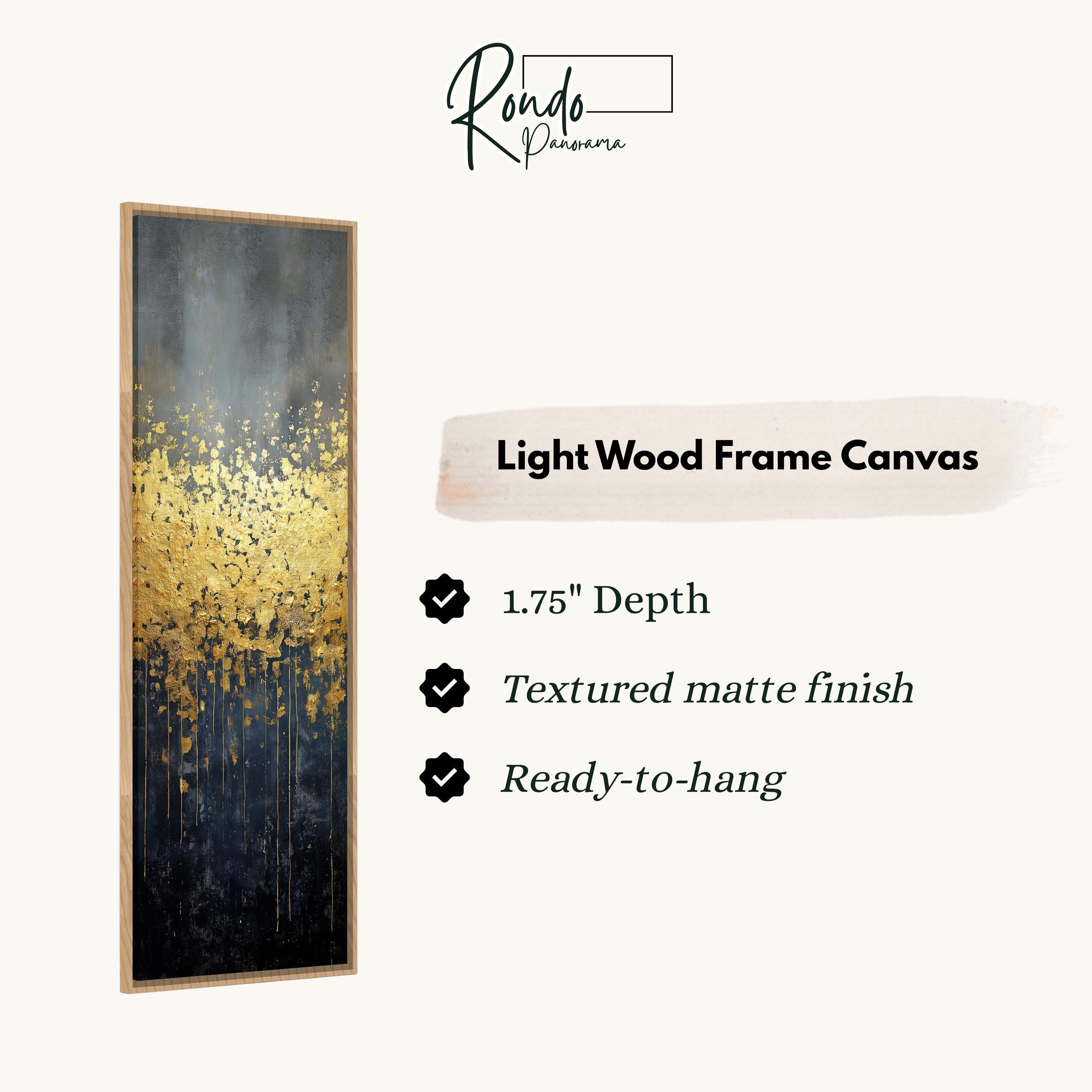 The image is a product description for a light wood frame canvas. It features a vertical painting with a gold leaf-like design in black and white. The canvas has a 1.75" depth, a textured matte finish, and is ready to hang.
