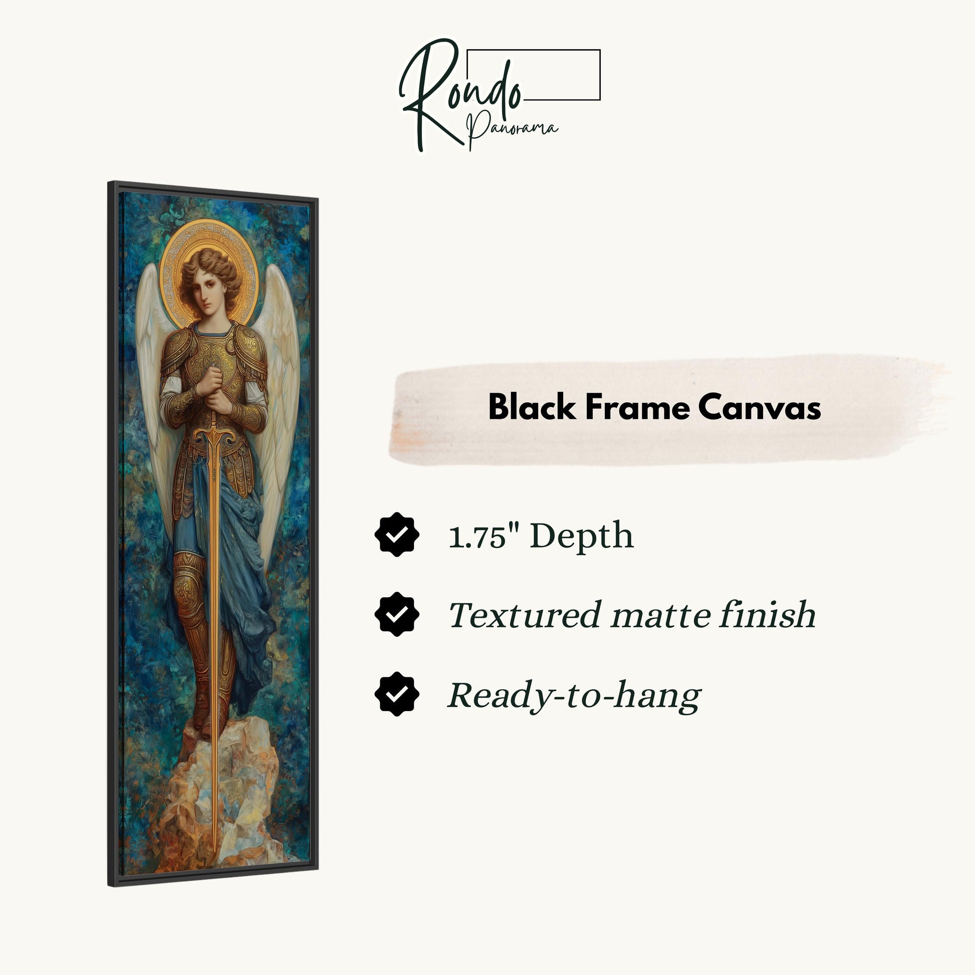 The image is a black frame canvas depicting a painting of a woman with wings, standing on a rock.