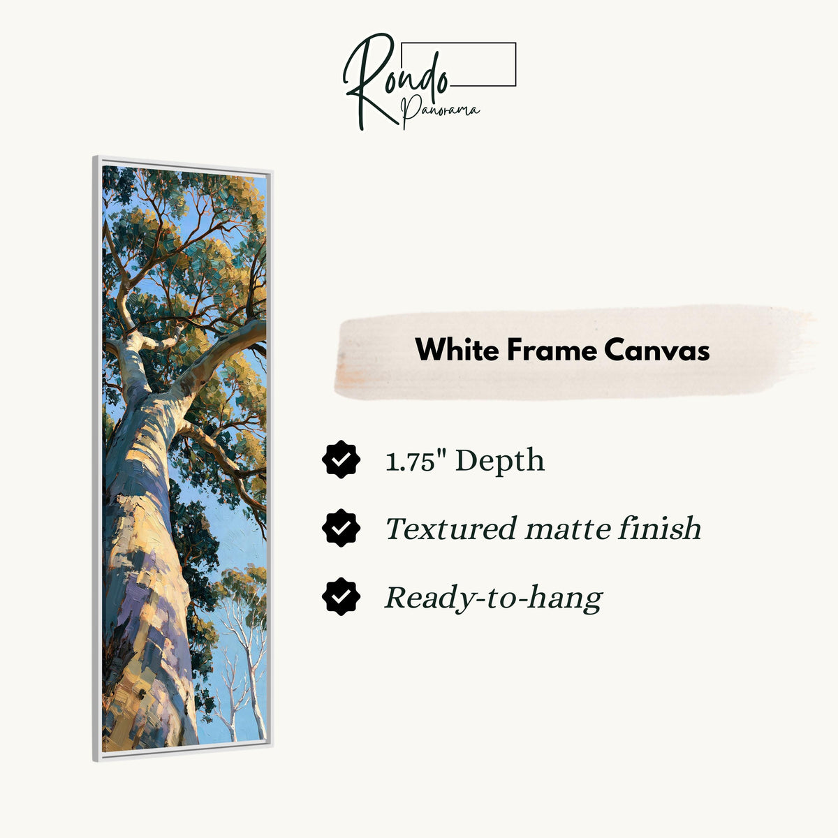 Gum tree trunk rising into a sunlit canopy canvas print in a white floating frame
