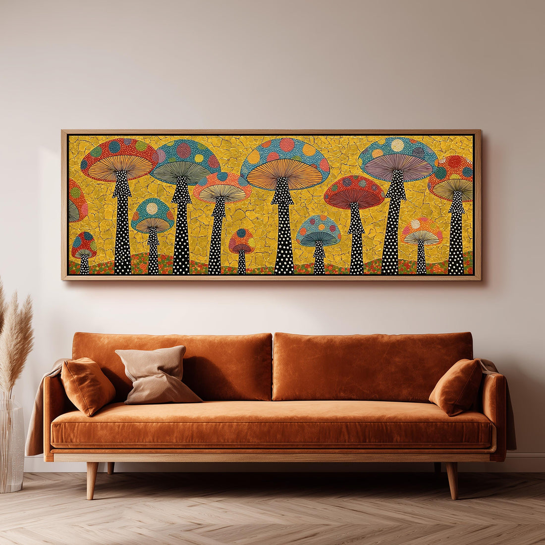 Polka dot mushrooms on gold long horizontal canvas print above a sofa in a living room