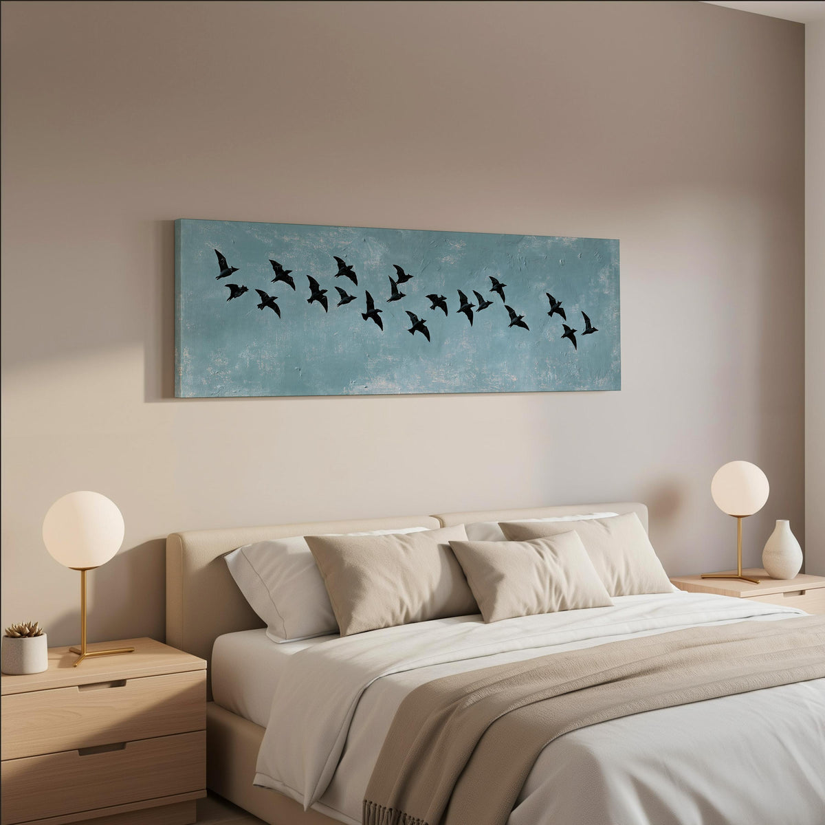 Flock of black birds on a teal sky wide panoramic canvas print above a bed in a neutral bedroom