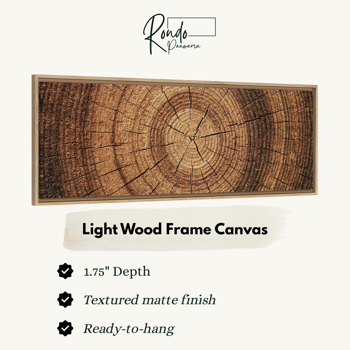Warm oak wood ring canvas print in a light wood floating frame