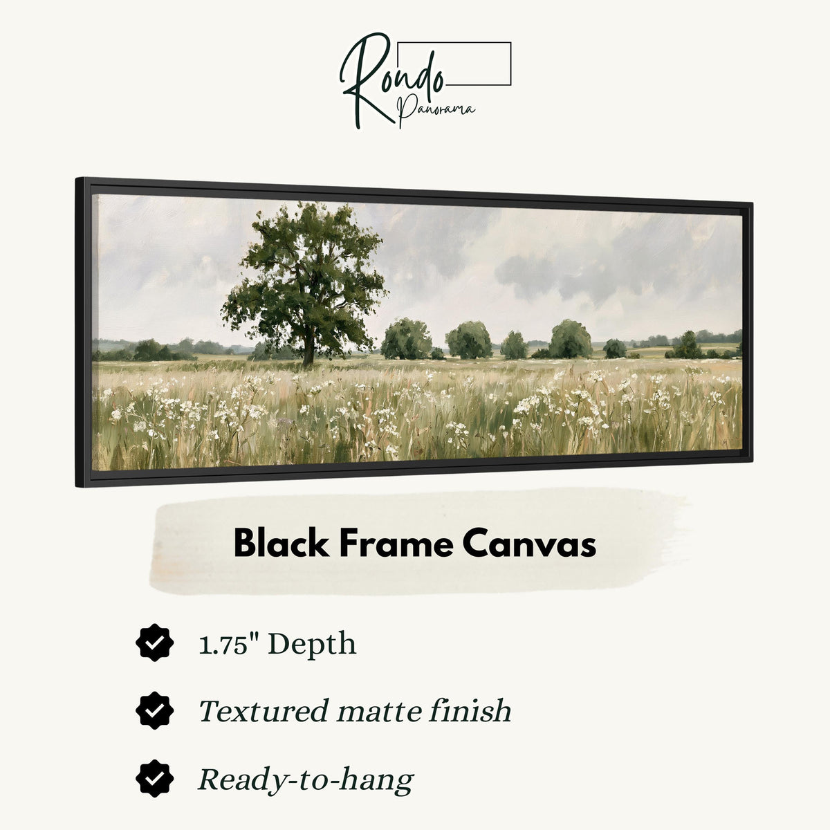 Lone oak tree in a daisy meadow canvas print in a black floating frame