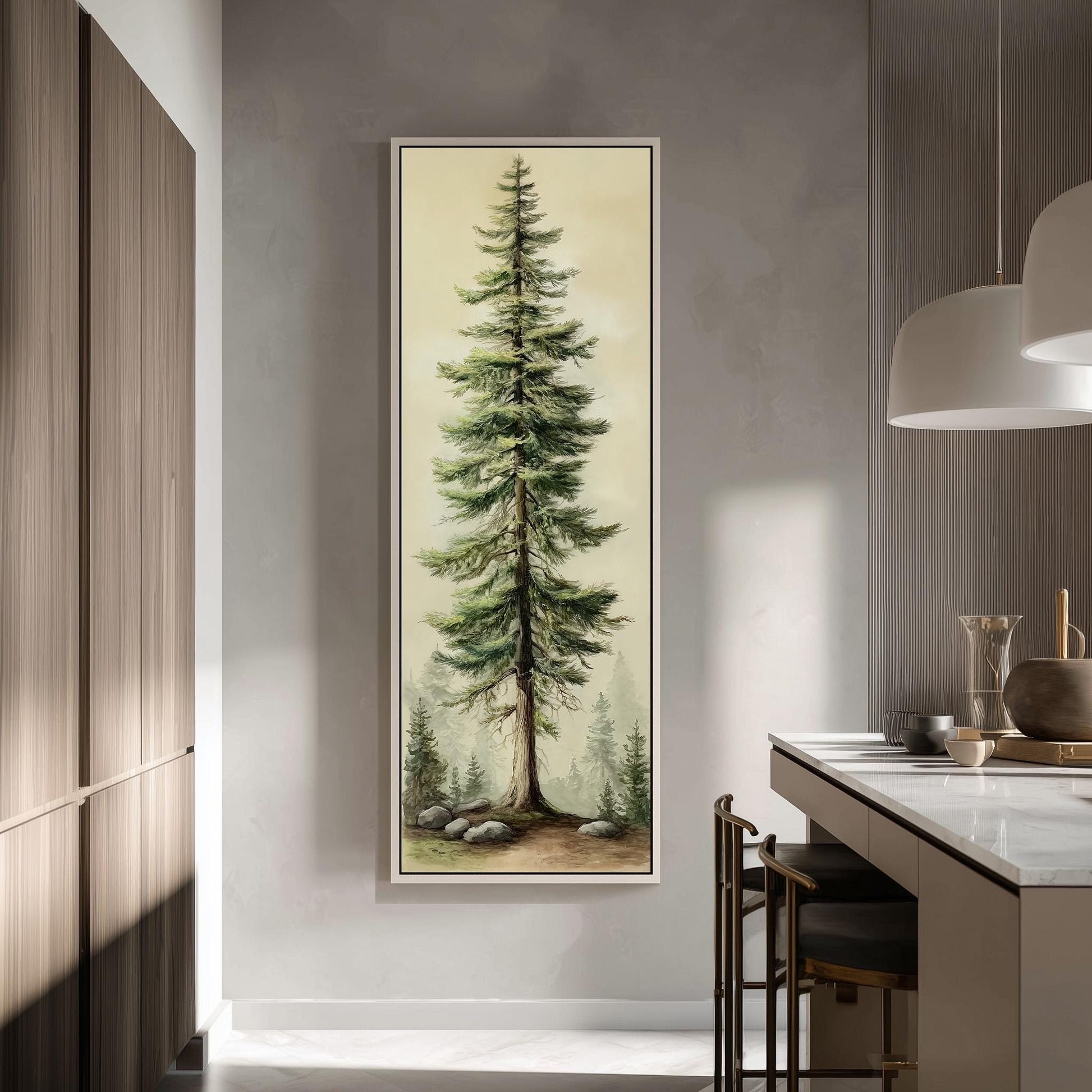 a large framed painting of a tall pine tree hanging on a wall in a modern kitchen.
