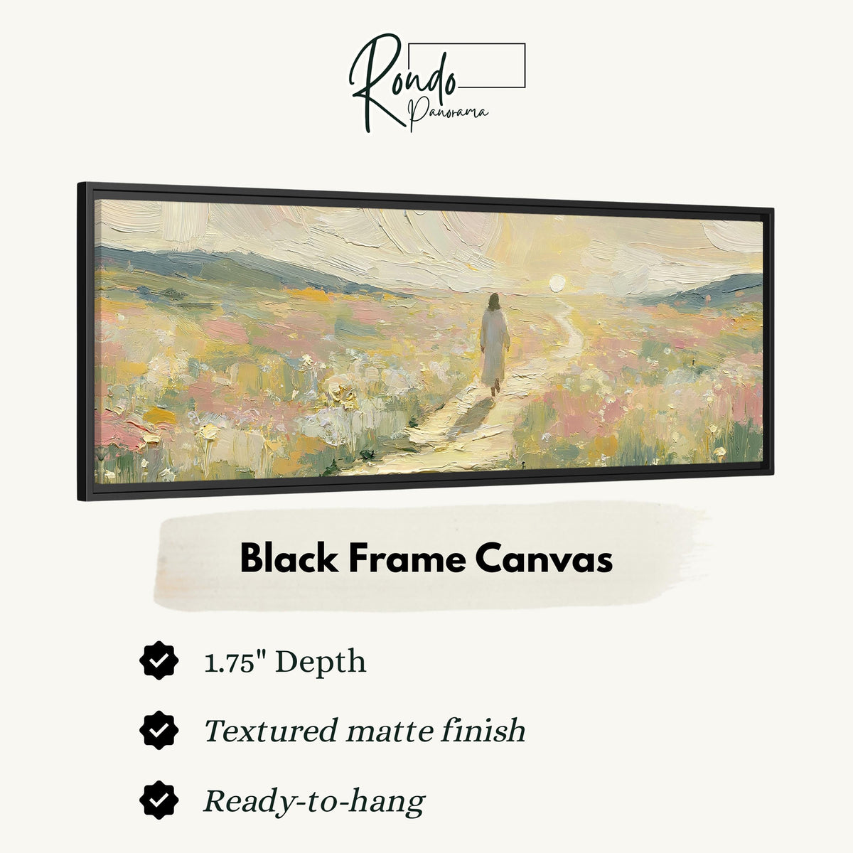Jesus walking a pastel meadow path canvas print in a black floating frame