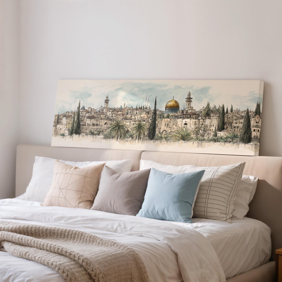 a large painting of a cityscape on the wall above a bed with white bedding and pillows.