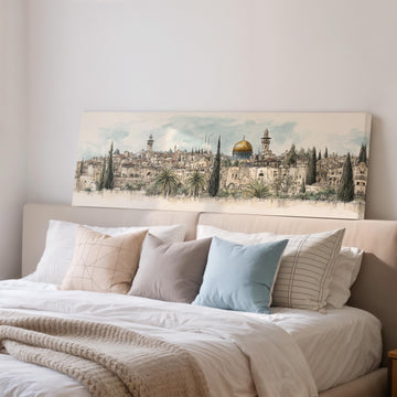 a large painting of a cityscape on the wall above a bed with white bedding and pillows.