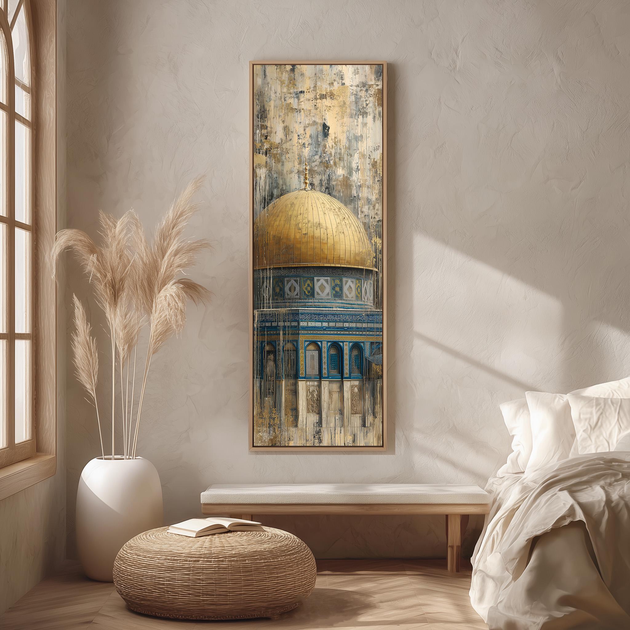a large painting of a building with a golden dome, hanging on a wall in a minimalist bedroom setting.