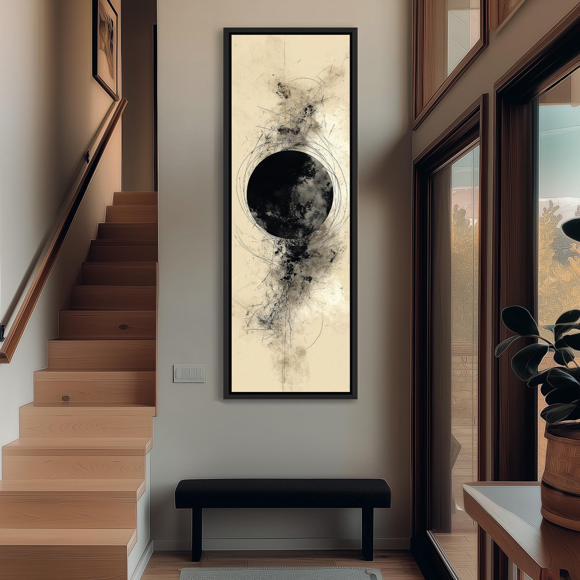 a modern interior design with a large abstract painting hanging on the wall, a wooden staircase, a black bench, and a potted plant.