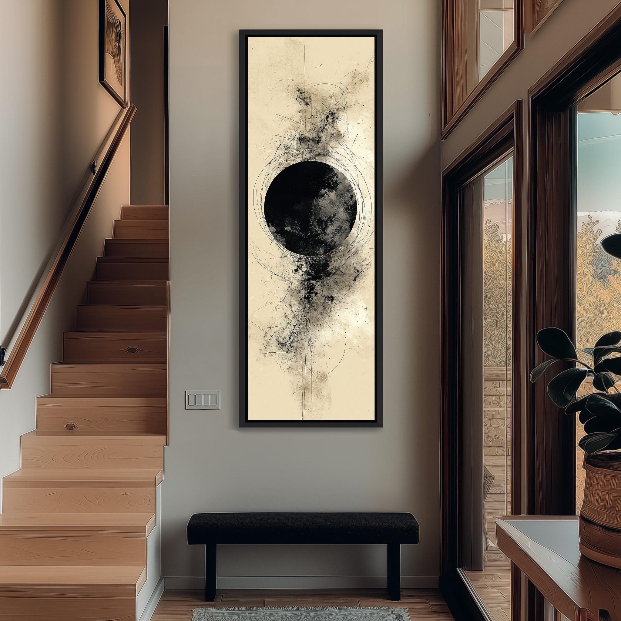 a modern interior design with a large abstract painting hanging on the wall, a wooden staircase, a black bench, and a potted plant.