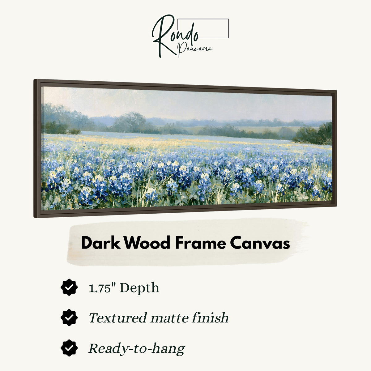 Field of bluebonnets canvas print in a dark wood floating frame