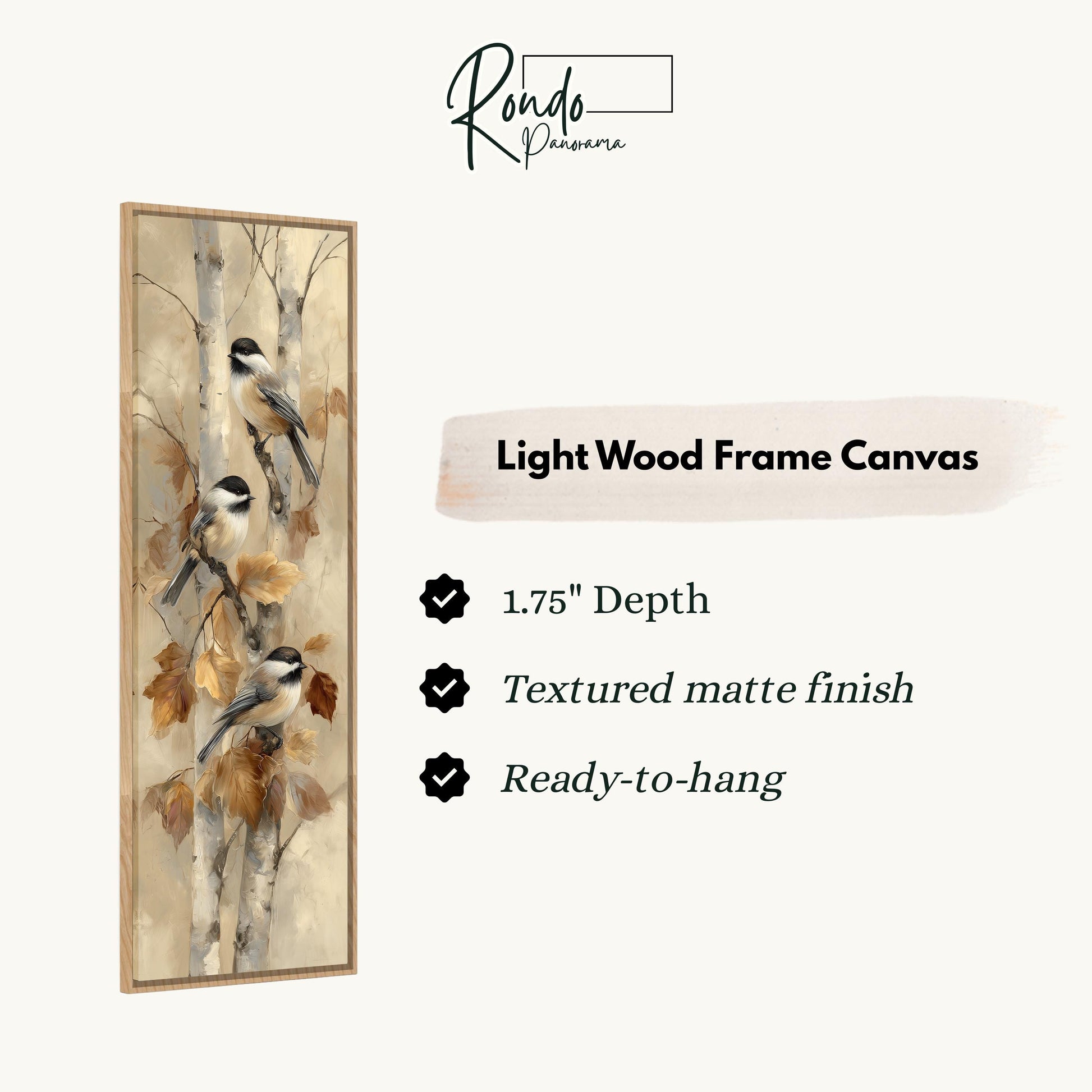 The image is a light wood frame canvas featuring a painting of three chickadees perched on tree branches with autumn leaves.
