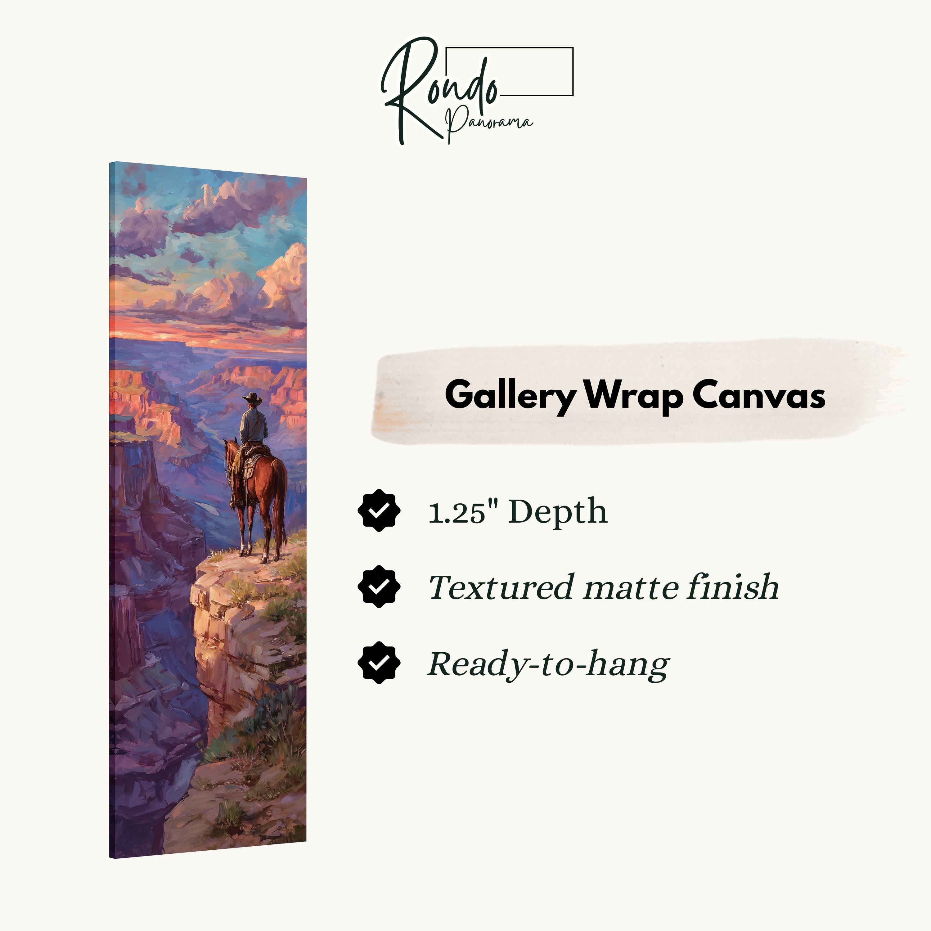 The image is a painting of a cowboy on a horse, set against a scenic landscape of a canyon or cliff.