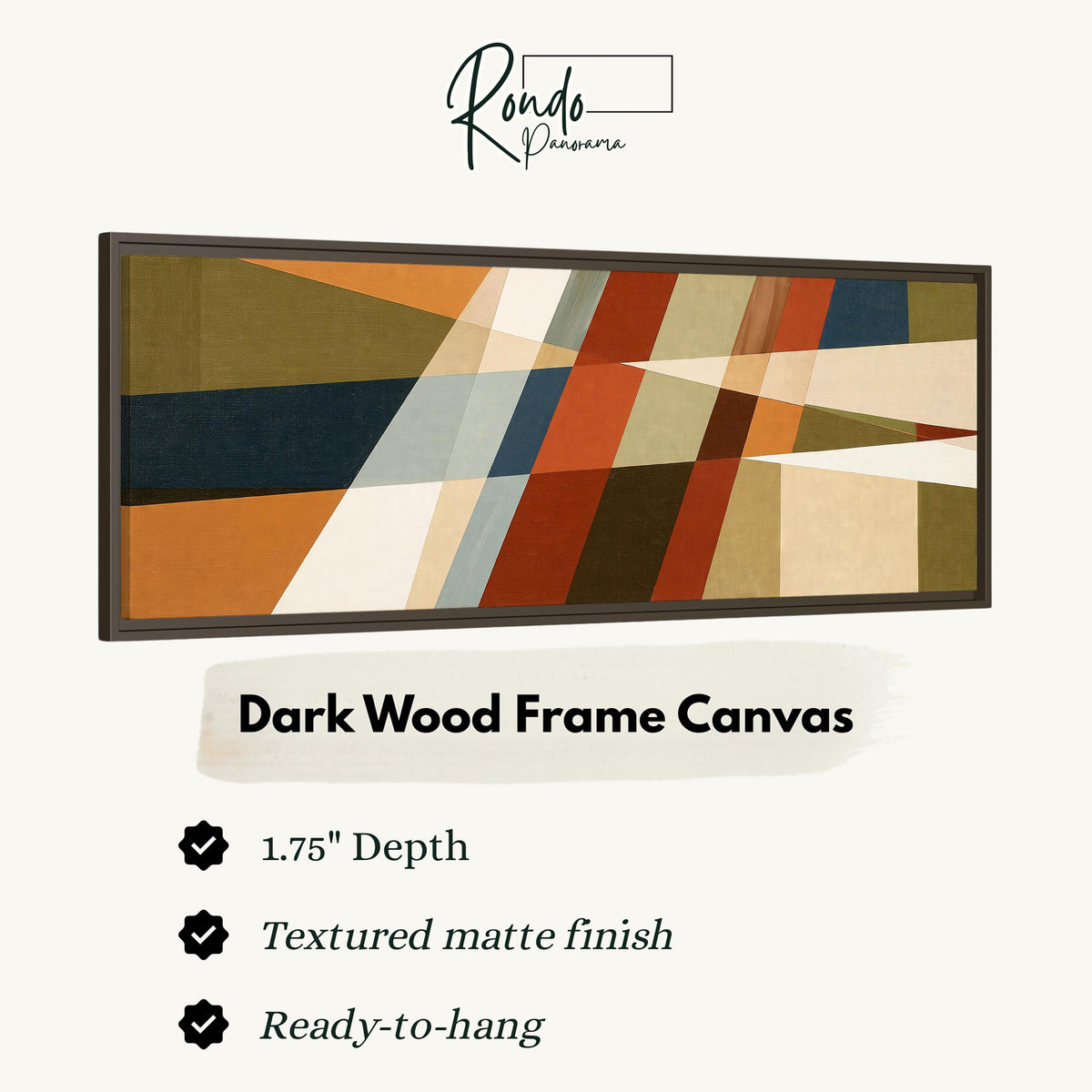 Rust and navy diagonal color blocks canvas print in a dark wood floating frame