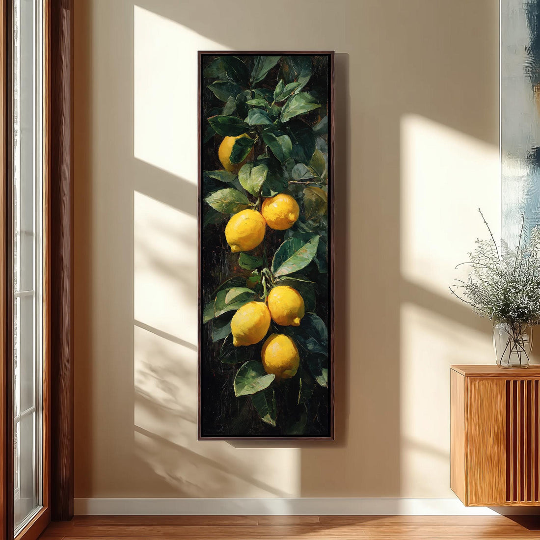 a large painting of lemons hanging on the wall, with a wooden staircase and a bench in the foreground.