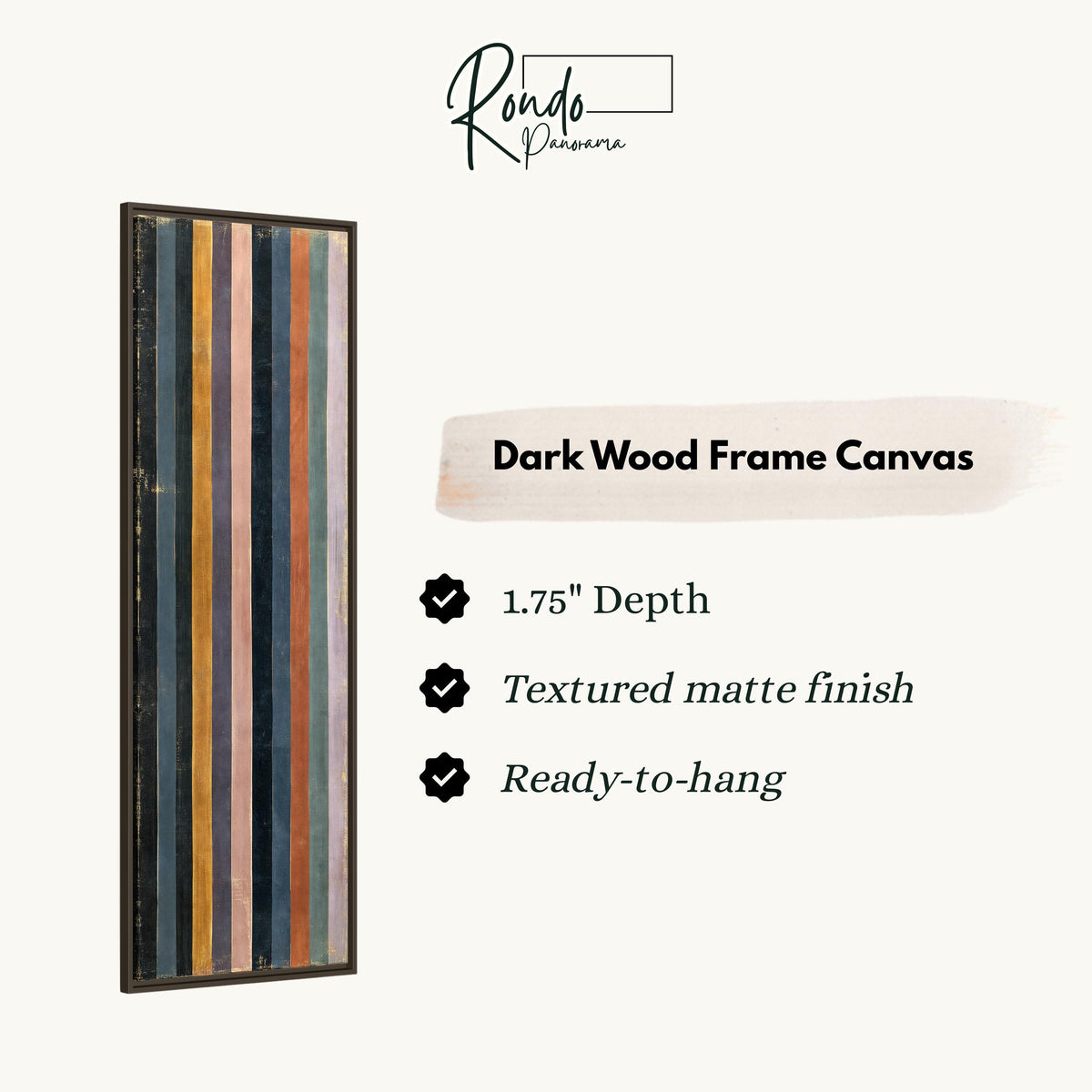 Vertical stripes in navy, rust and mauve canvas print in a dark wood floating frame