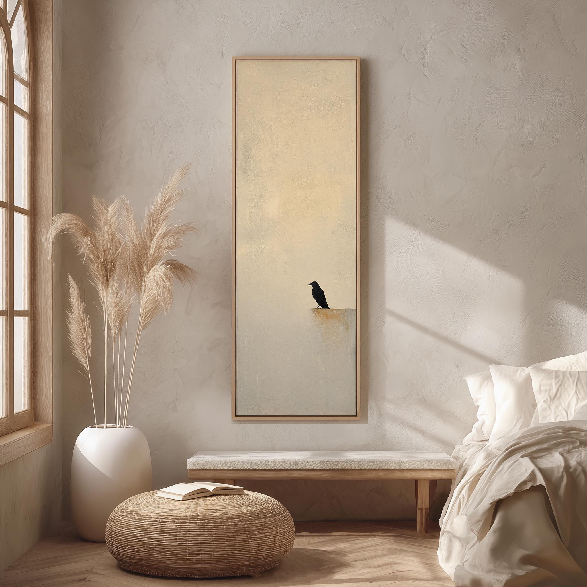a serene bedroom scene with a large window, a bed with white bedding, a wicker ottoman, a potted plant, and a framed painting of a bird perched on a ledge.