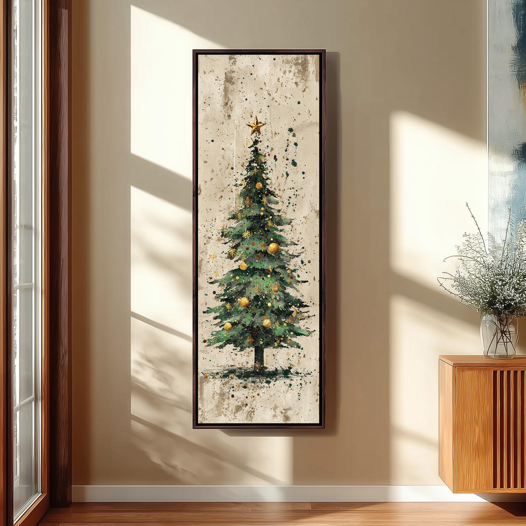 a large, framed painting of a Christmas tree hanging on a wall.