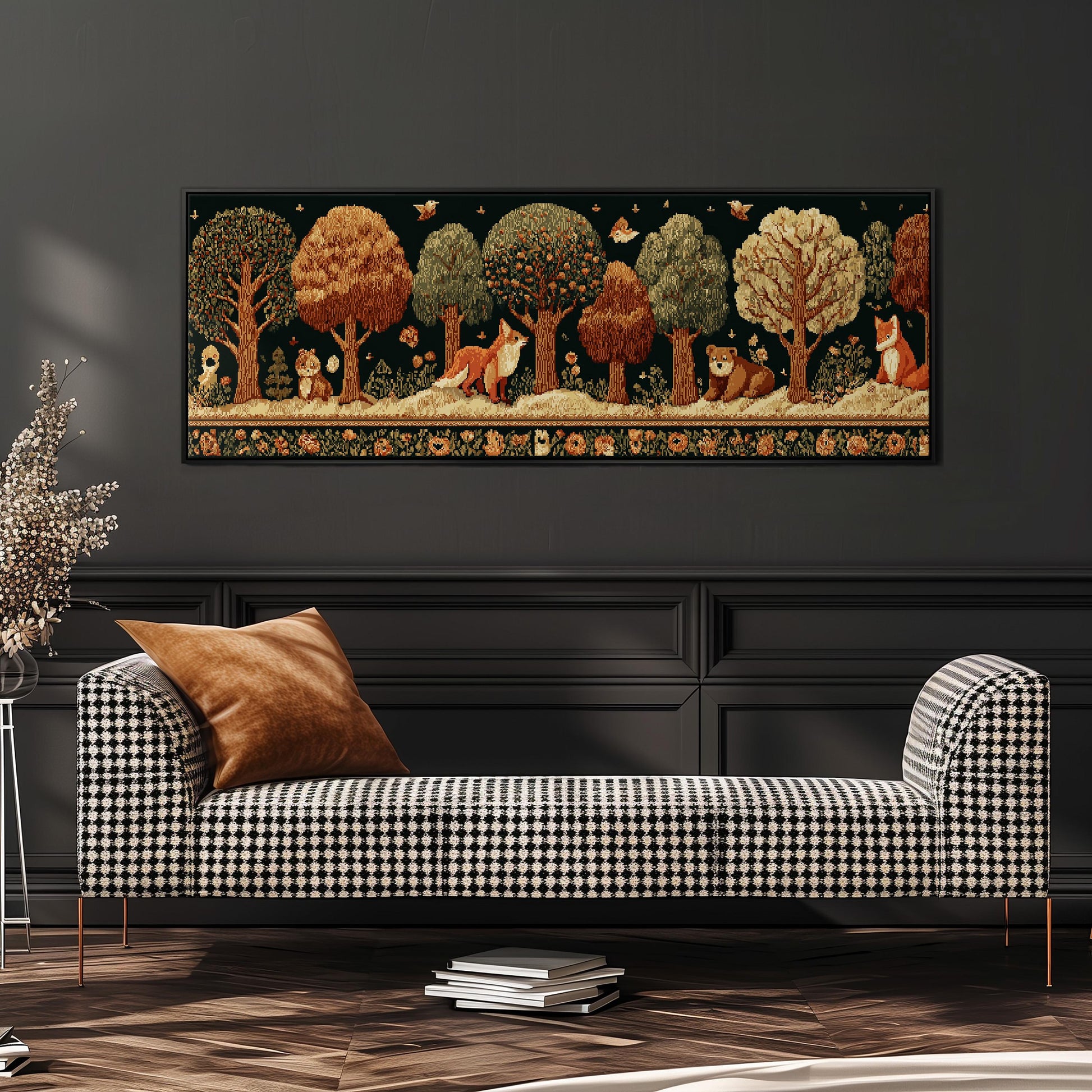 a large, colorful tapestry hanging on a wall above a black and white checkered sofa in a living room setting.