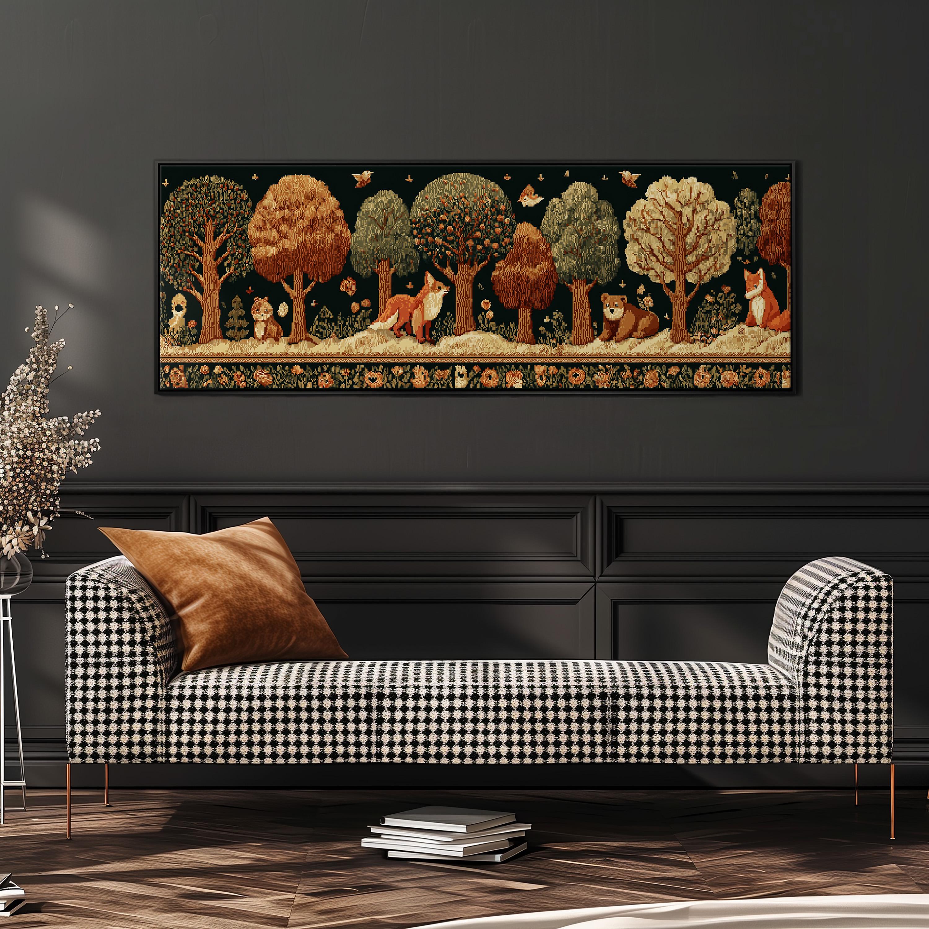 a large, colorful tapestry hanging on a wall above a black and white checkered sofa in a living room setting.