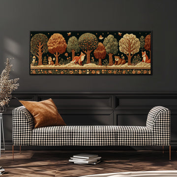 a large, colorful tapestry hanging on a wall above a black and white checkered sofa in a living room setting.