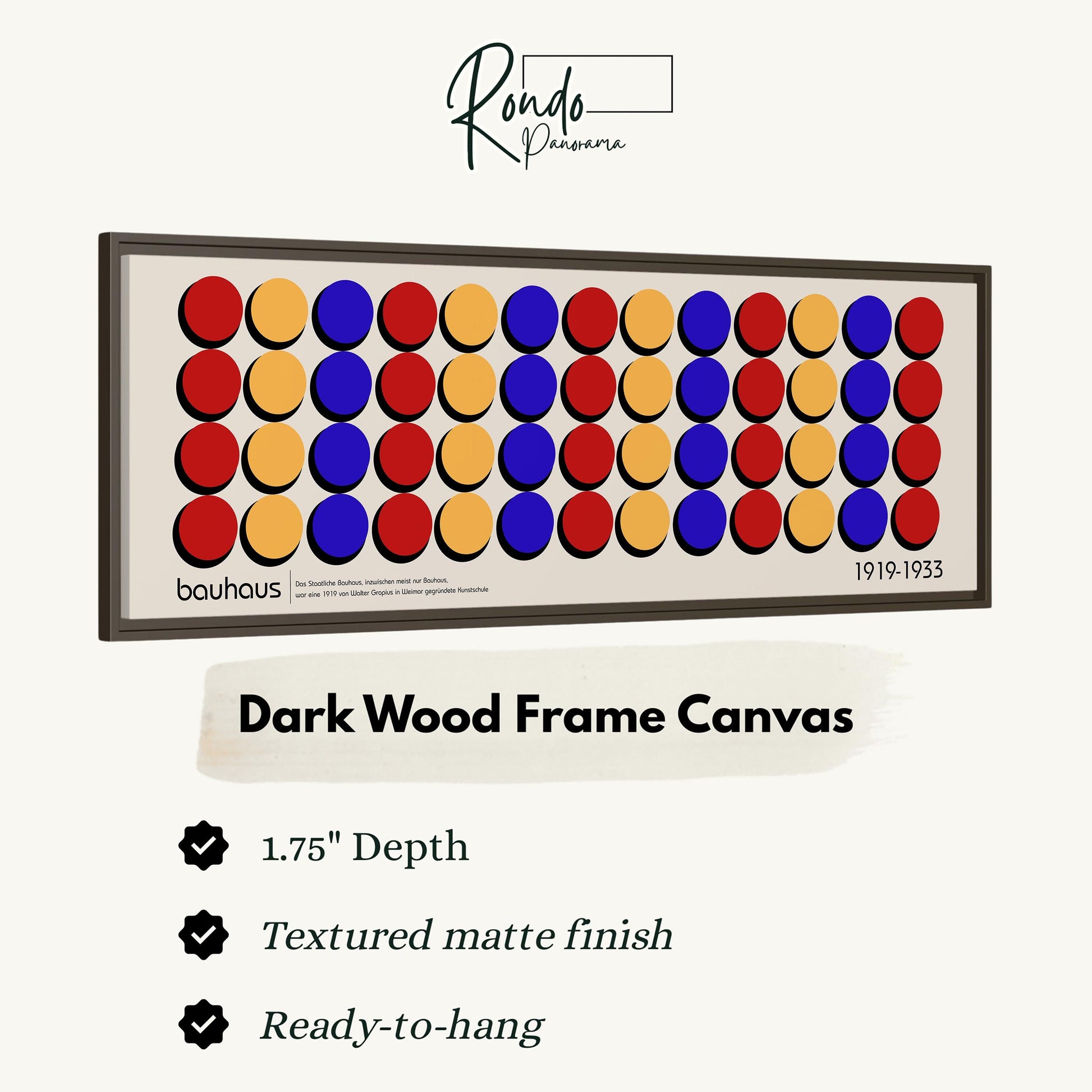 The image is a framed artwork featuring a repeating pattern of colorful circles on a dark wood background.