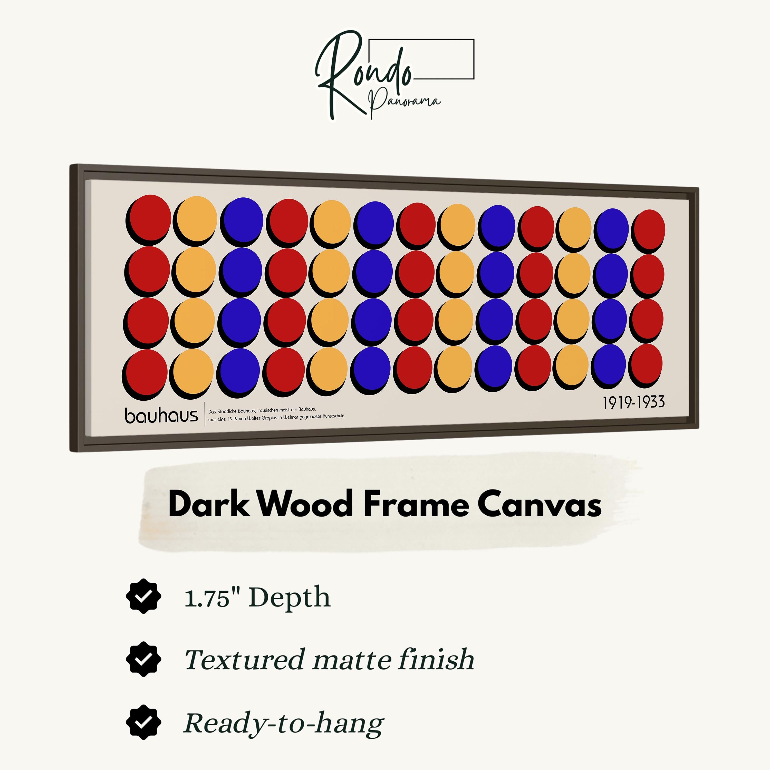 The image is a framed artwork featuring a repeating pattern of colorful circles on a dark wood background.
