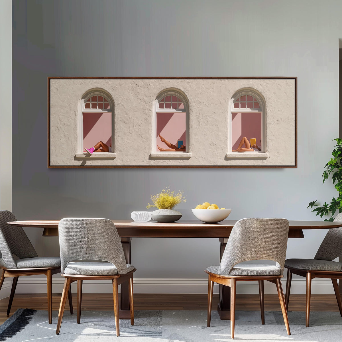Women reading in three arched windows long horizontal canvas print above a dining table