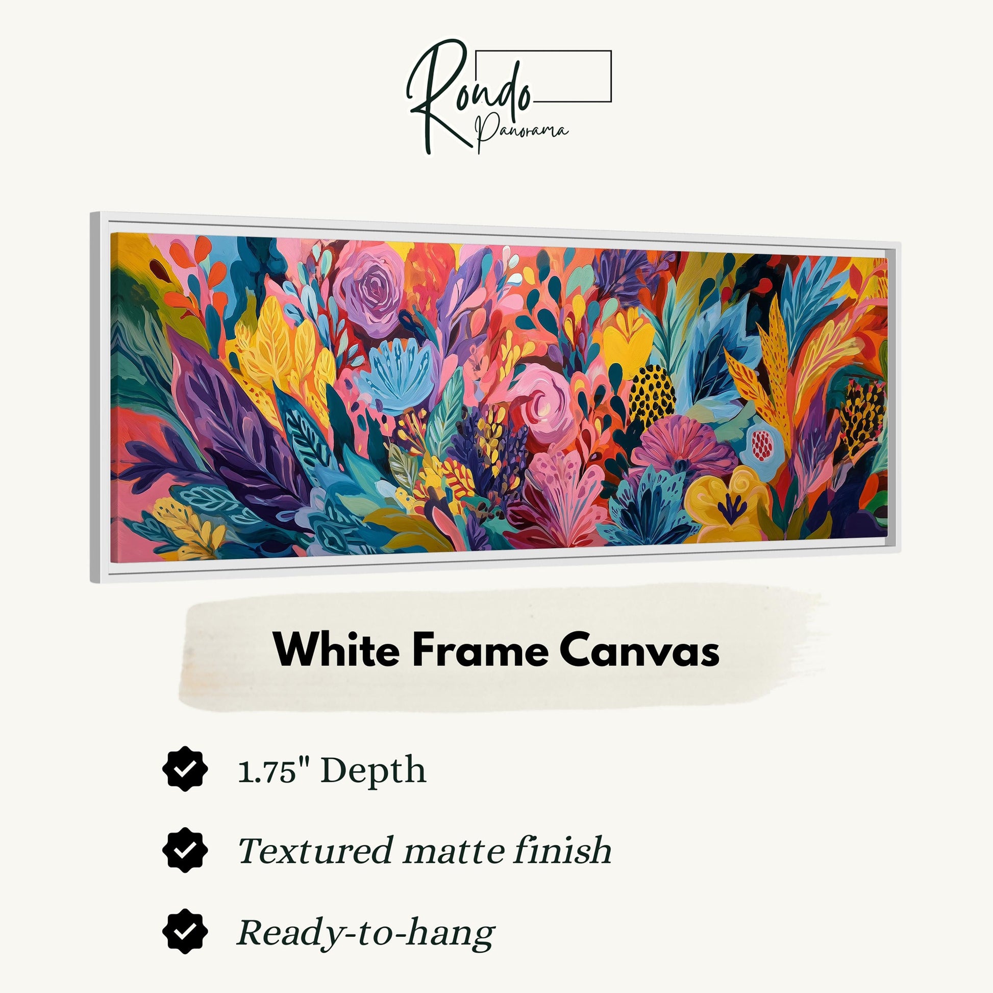 The image is a colorful, abstract painting with various shades of pink, blue, green, and yellow flowers and leaves. The painting is framed in a white frame, and it is described as a "White Frame Canvas" with a "1.75" depth and a "Textured matte finish". The painting is ready to hang.