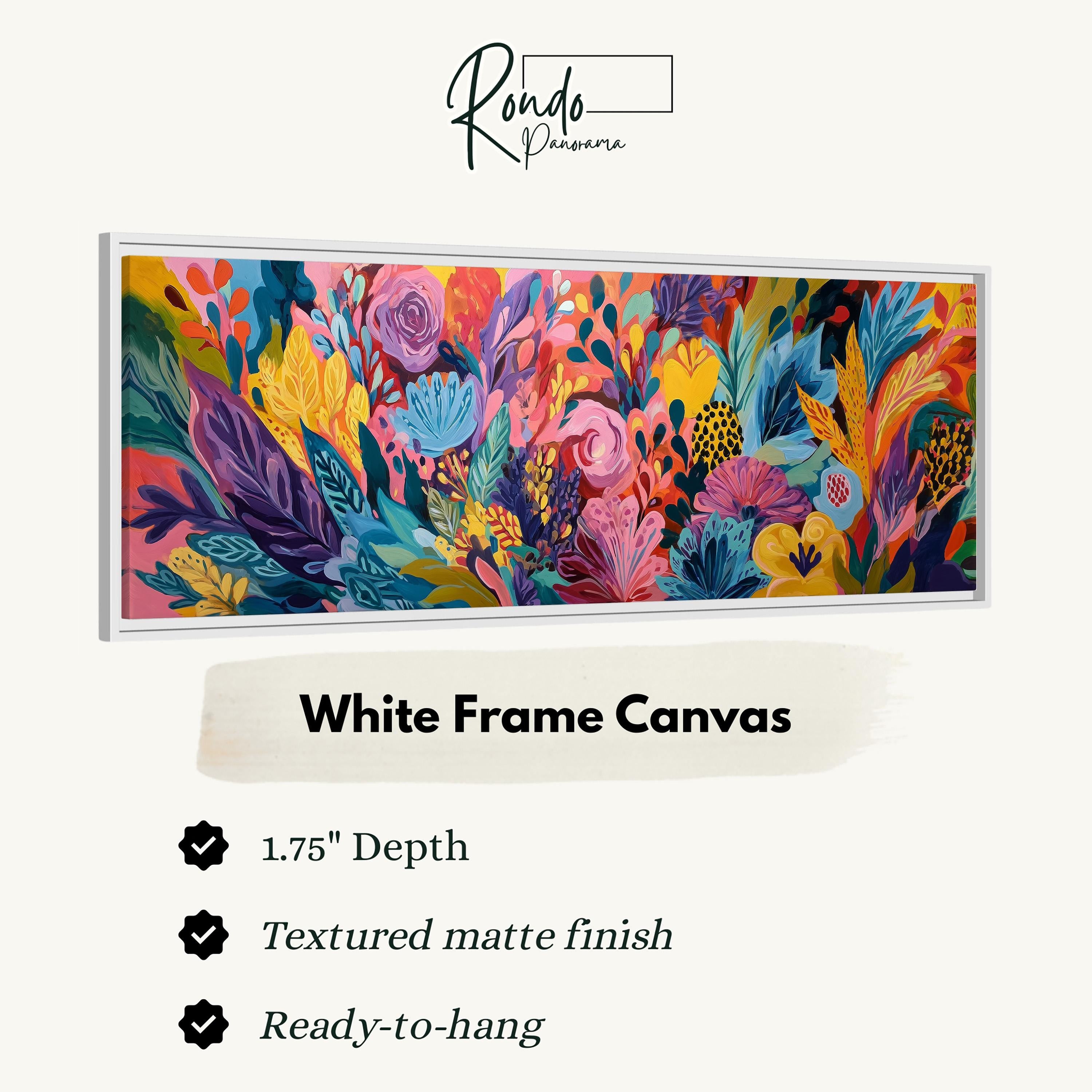 The image is a colorful, abstract painting with various shades of pink, blue, green, and yellow flowers and leaves. The painting is framed in a white frame, and it is described as a "White Frame Canvas" with a "1.75" depth and a "Textured matte finish". The painting is ready to hang.