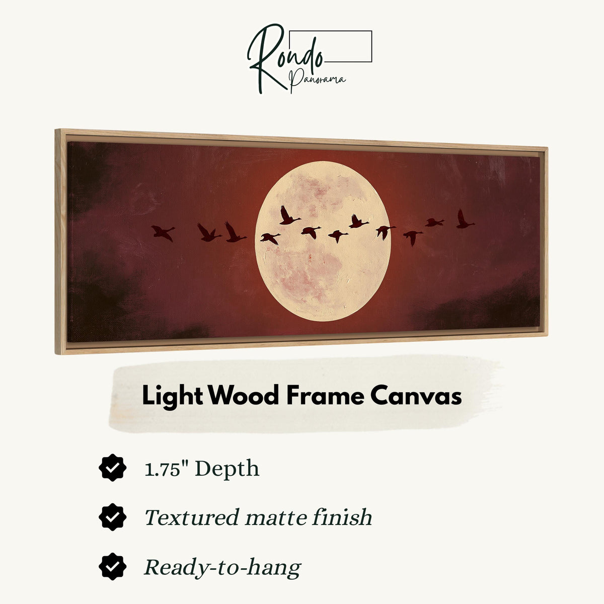 Geese crossing a pale moon on maroon canvas print in a light wood floating frame