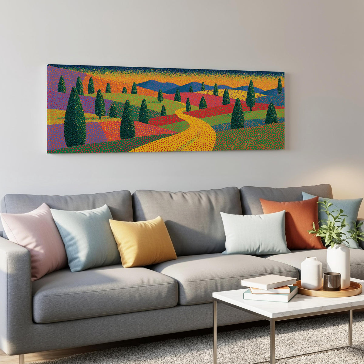 Cypress valley with a winding road panoramic canvas print above a grey sofa in a living room