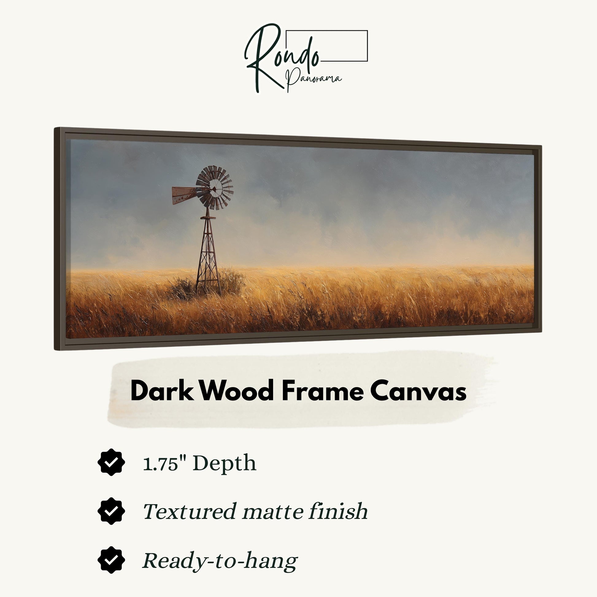 The image is a framed canvas depicting a windmill in a field of tall grass.