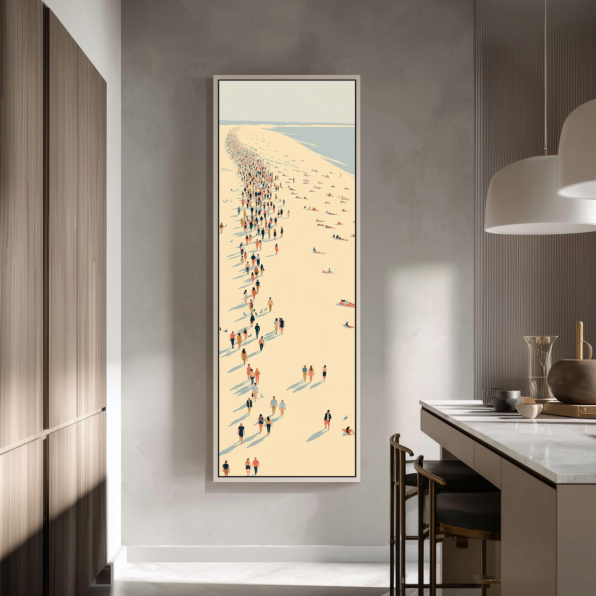 Crowds along a curving beach shoreline from above tall skinny canvas print in a modern kitchen