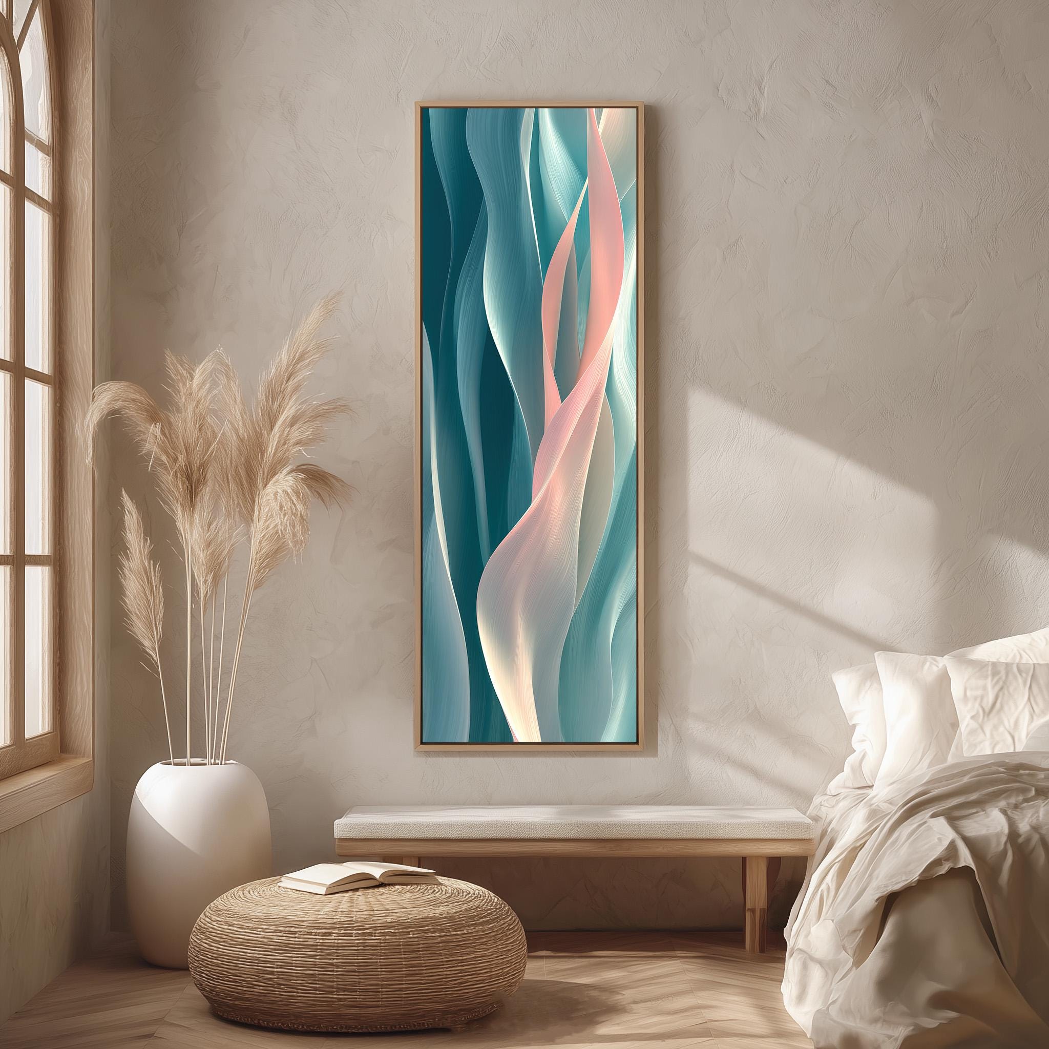 a modern and minimalist bedroom design with a large abstract painting hanging on the wall above a wooden bench.