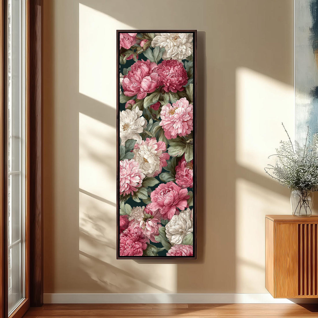 a large floral painting hanging on a wall in a modern kitchen.