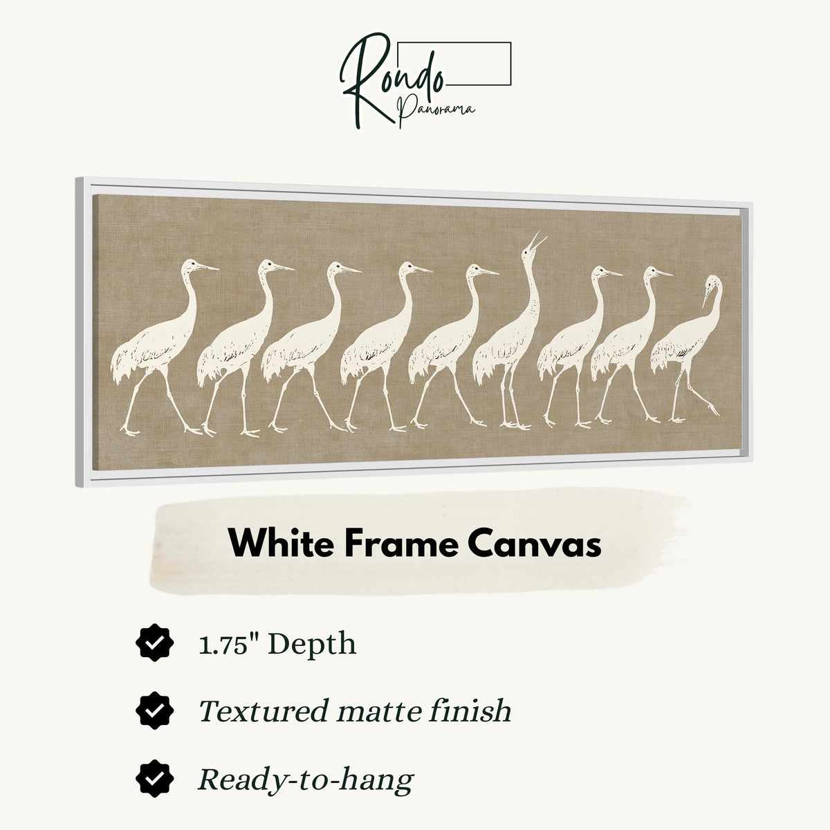 Procession of white cranes on linen canvas print in a white floating frame