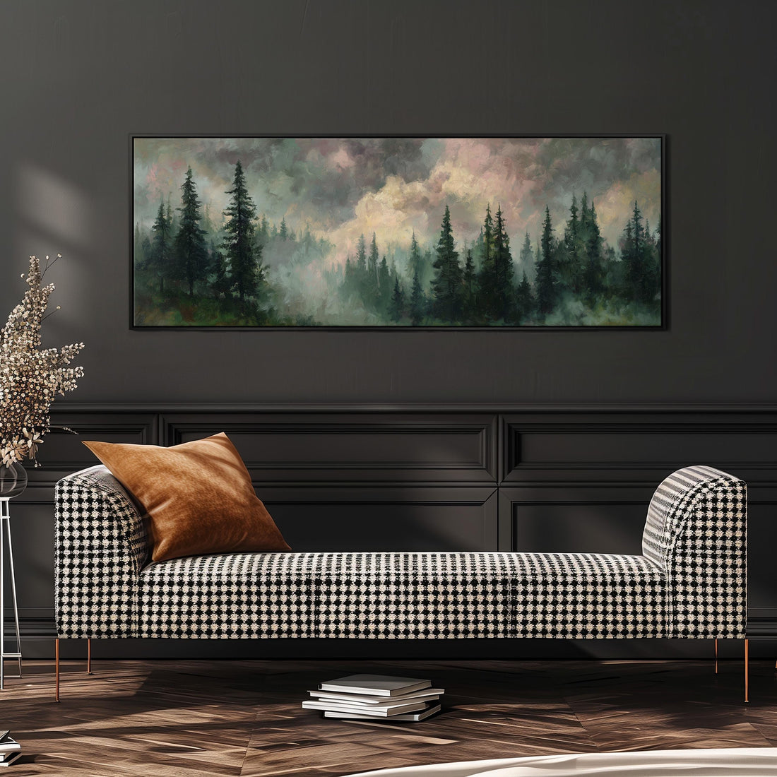 a large painting of a forest scene hanging on a wall above a black and white checkered sofa with a brown throw pillow.
