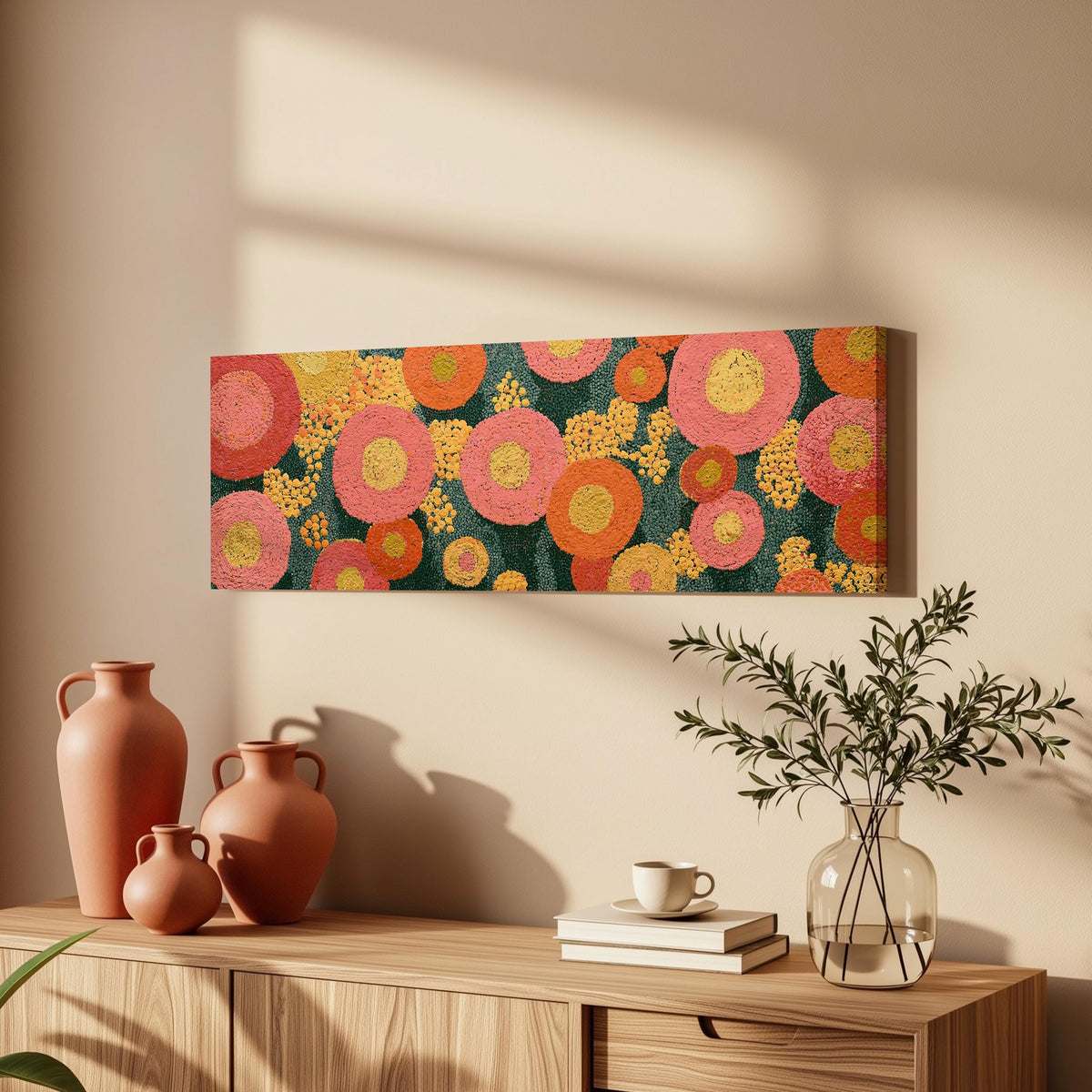 Pink circle blooms long horizontal canvas print above a wooden sideboard