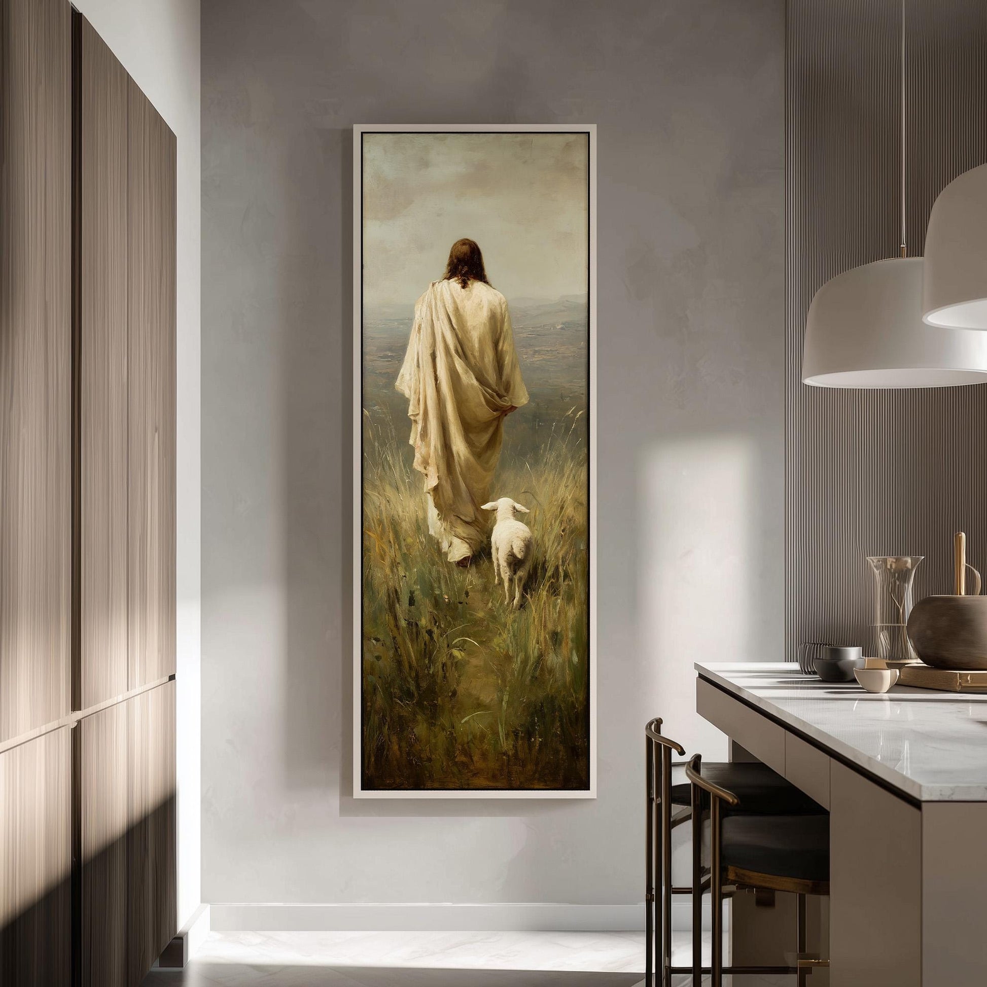 a large painting of a person in a robe walking through a field with a sheep, hanging on a wall in a modern kitchen.